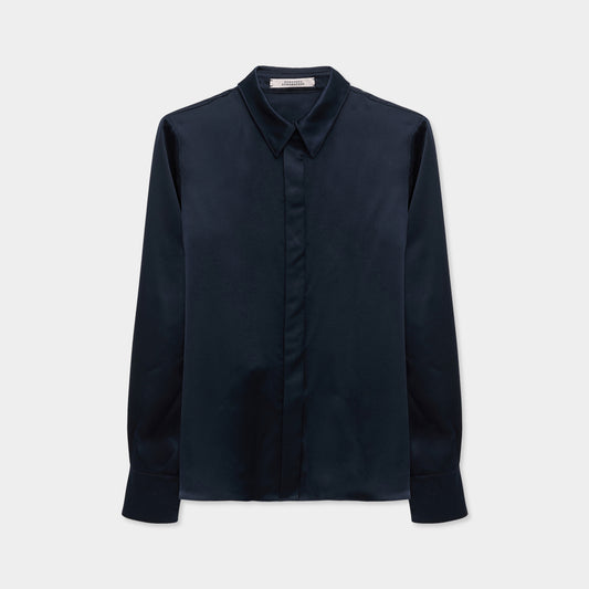 DOROTHEE SCHUMACHER【シルクストレッチ/フォーマル/ネイビー/美シルエット】サテンブラウス　GH2606-B7