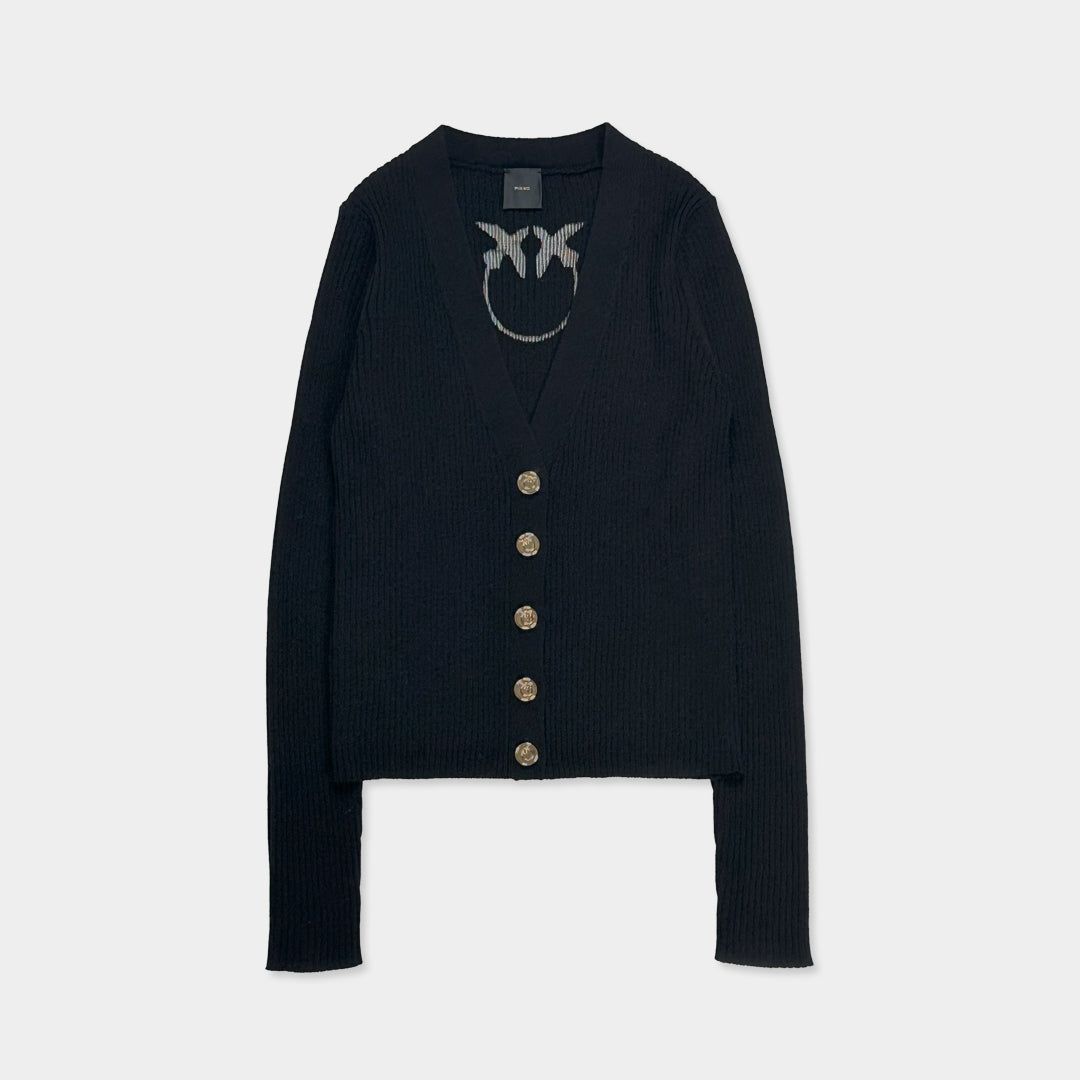 PINKO【SALE】PICK UP!残り1点【70％OFF/ショートカーデ/リブカーデ/ブラック/アンサンブル/ロゴ】ブラックリブカーディガン　PD1767-B9