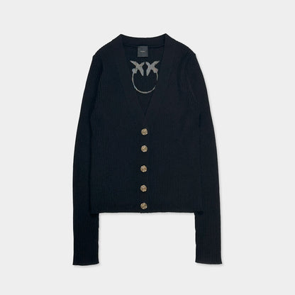 PINKO【SALE】PICK UP!残り1点【70％OFF/ショートカーデ/リブカーデ/ブラック/アンサンブル/ロゴ】ブラックリブカーディガン　PD1767-B9