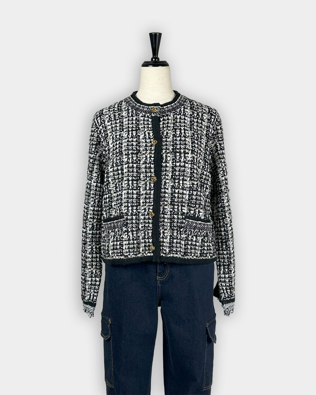 美品✨フォクシー ツイード ニット ジャケット 近年モデル 38 黒 白 SEVENTY VENEZIA 【ツイード調ニット/ニットジャケット/ラメ