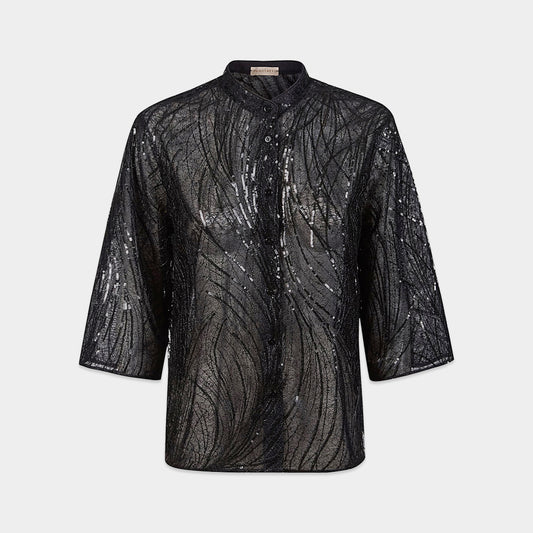 PUROTATTO 【スパンコール/シアーチュール/レース/スタンドカラー】ハーフスリーブブラウス UG5642-61